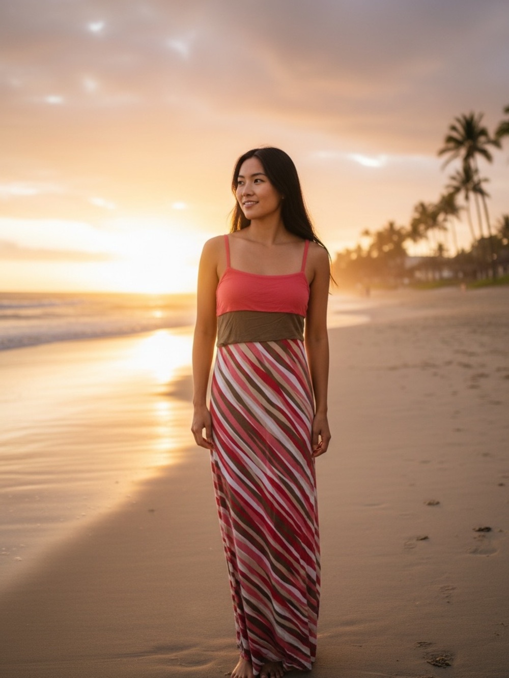 Tommy Bahama Coral, Olive and Stripe Maxi Dress